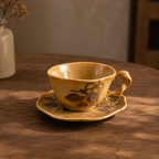 Ceramic Cup and Saucer Set 8.5 oz Amber - Footed Leaf Relief, 10 cm