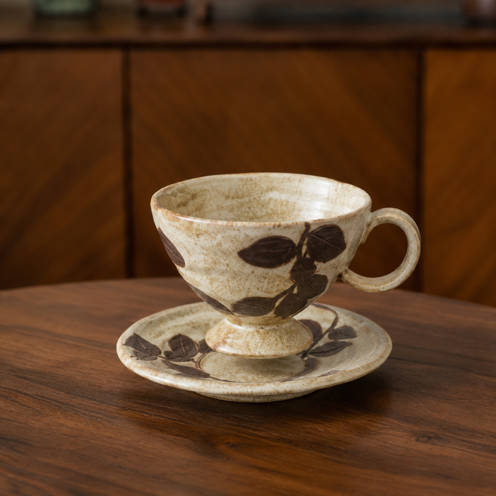 Ceramic Cup and Saucer Set 8.5 oz Beige - Footed Leaf Relief, 10 cm