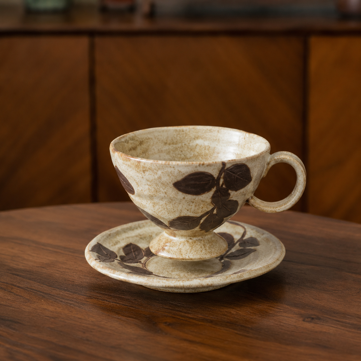 Ceramic Cup and Saucer Set 8.5 oz Beige - Footed Leaf Relief, 10 cm