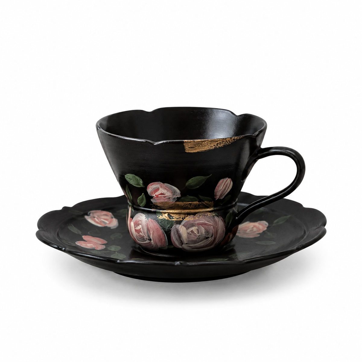 Ceramic Mug 3.7 oz Black - Scalloped Rose Painting, 5.5 cm