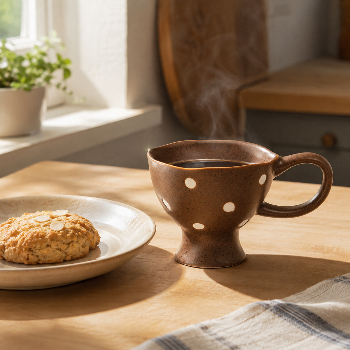 Ceramic Mug 8.5 oz Brown Polka Dot - Footed Reactive Glaze, Side Handle