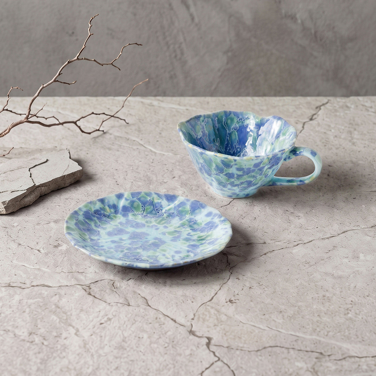 Ceramic Cup and Saucer Set 7.4 oz Blue - Scalloped Reactive Glaze, 11.6 cm