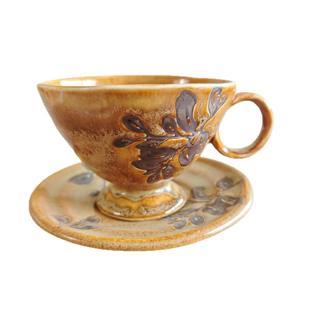 Ceramic Cup and Saucer Set 8.5 oz Amber - Footed Leaf Relief, 10 cm