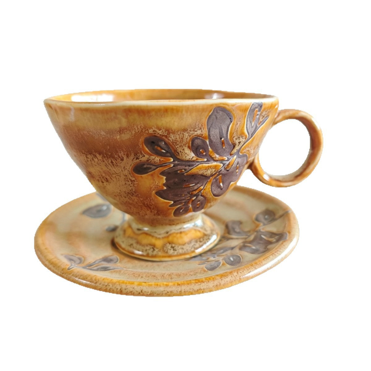 Ceramic Cup and Saucer Set 8.5 oz Amber - Footed Leaf Relief, 10 cm