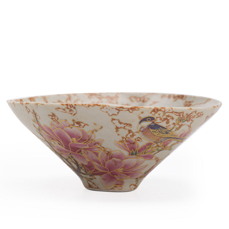 Ceramic Tea Bowl 2 oz Beige - Conical Bird and Flower, 9.4 cm