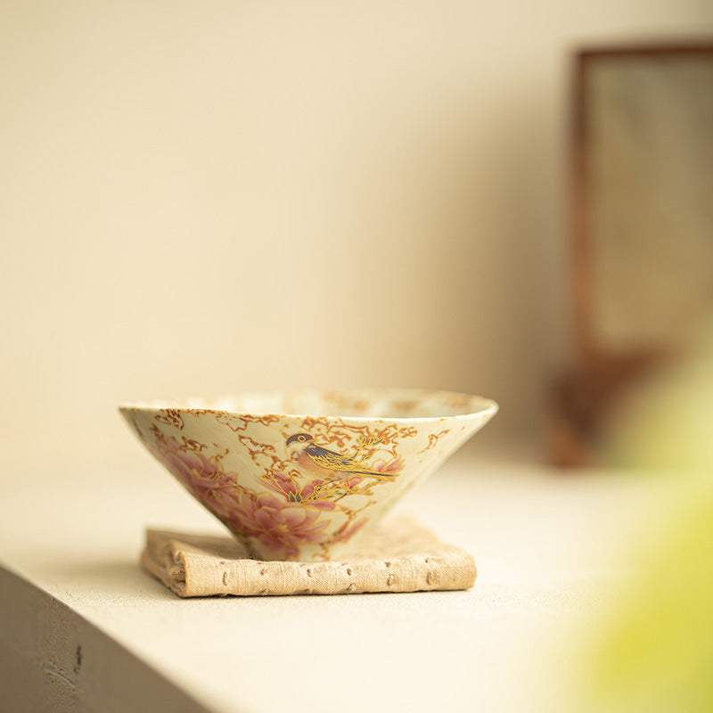 Ceramic Tea Bowl 2 oz Beige - Conical Bird and Flower, 9.4 cm
