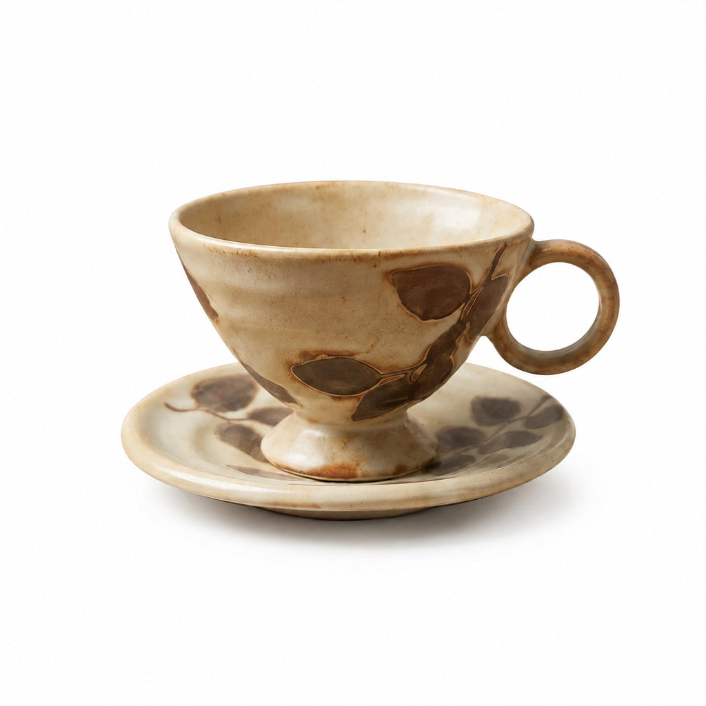 Ceramic Cup and Saucer Set 8.5 oz Beige - Footed Leaf Relief, 10 cm