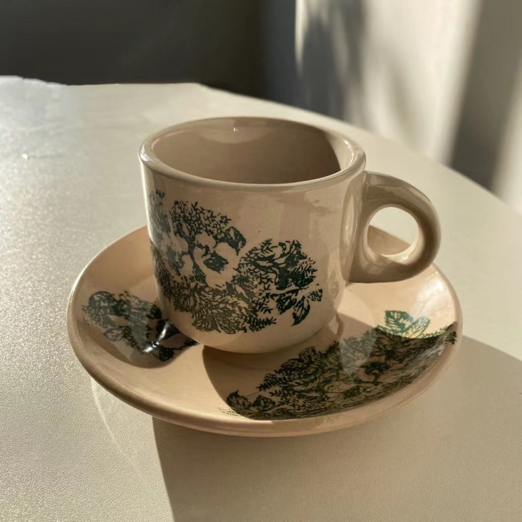 Ceramic Cup and Saucer Set 6 oz Beige - Green Tree Print, 7.5 cm