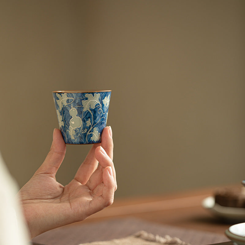 Ceramic Tea Cup 2.4 oz Blue - Gourd Crackle Glaze, 6 cm