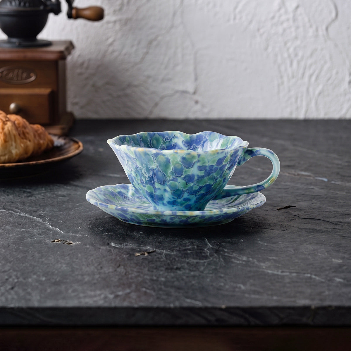 Ceramic Cup and Saucer Set 7.4 oz Blue - Scalloped Reactive Glaze, 11.6 cm
