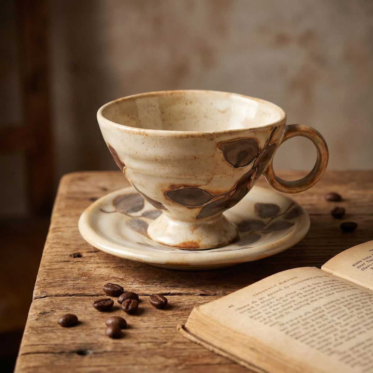 Ceramic Cup and Saucer Set 8.5 oz Beige - Footed Leaf Relief, 10 cm