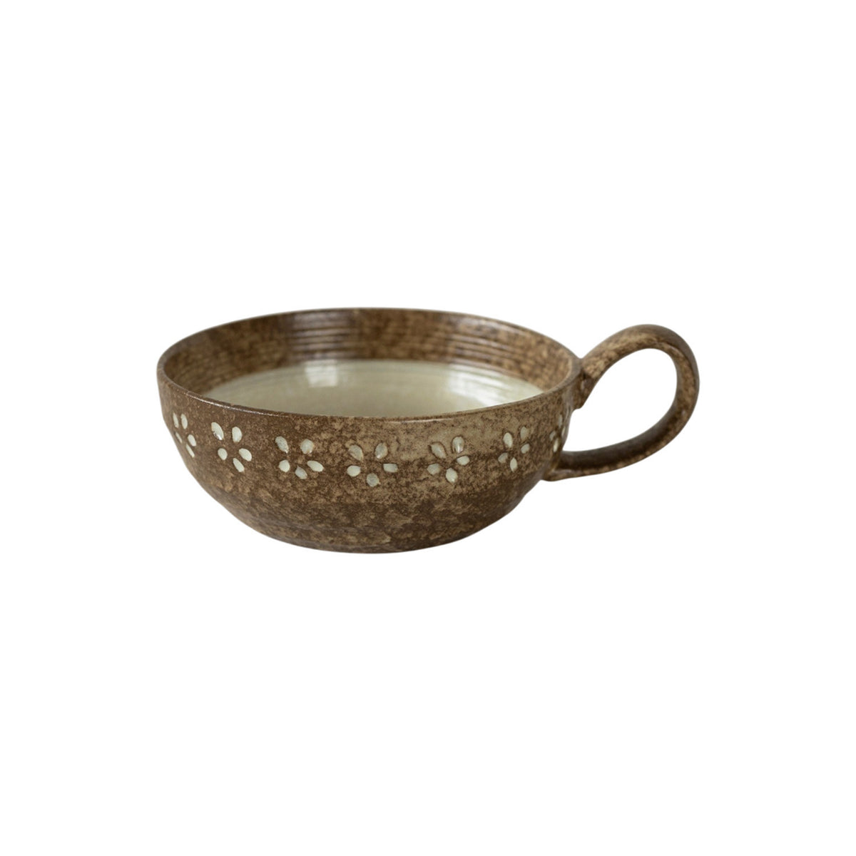 Ceramic Breakfast Cup 15 oz Brown Flower Pattern - 5.1 in Wide, Side Handle