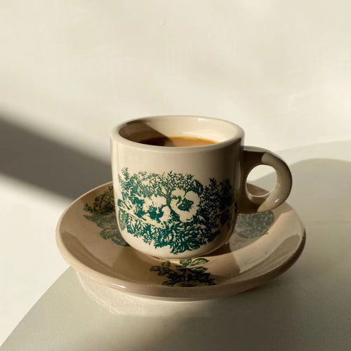 Ceramic Cup and Saucer Set 6 oz Beige - Green Tree Print, 7.5 cm
