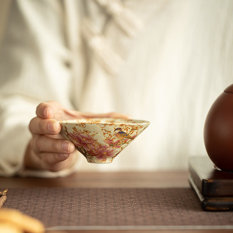 Ceramic Tea Bowl 2 oz Beige - Conical Bird and Flower, 9.4 cm