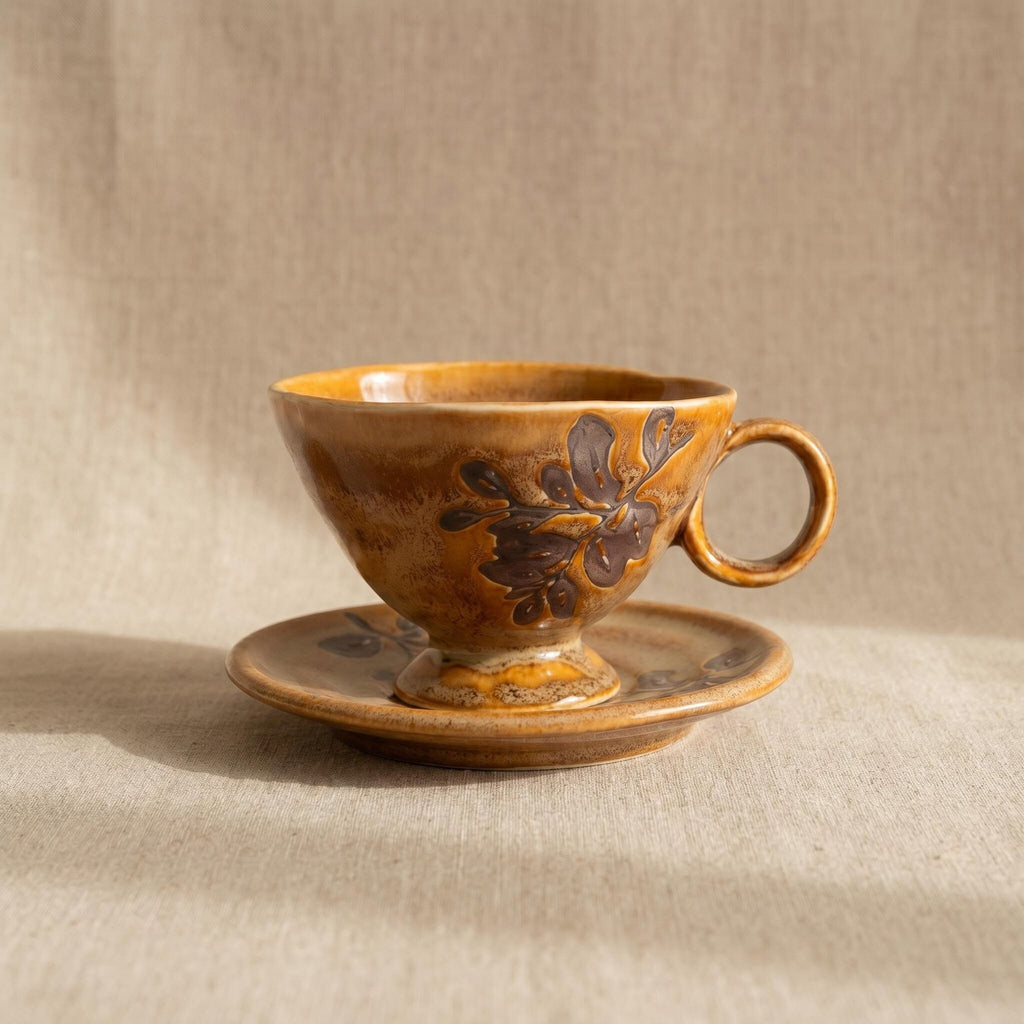 Ceramic Cup and Saucer Set 8.5 oz Amber - Footed Leaf Relief, 10 cm