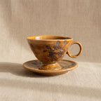 Ceramic Cup and Saucer Set 8.5 oz Amber - Footed Leaf Relief, 10 cm