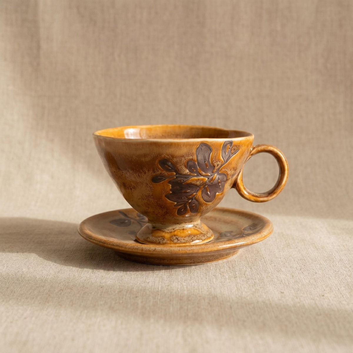 Ceramic Cup and Saucer Set 8.5 oz Amber - Footed Leaf Relief, 10 cm