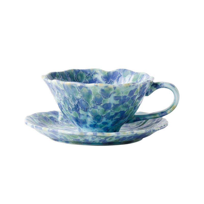 Ceramic Cup and Saucer Set 7.4 oz Blue - Scalloped Reactive Glaze, 11.6 cm