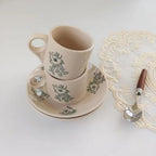 Ceramic Cup and Saucer Set 6 oz Beige - Green Tree Print, 7.5 cm
