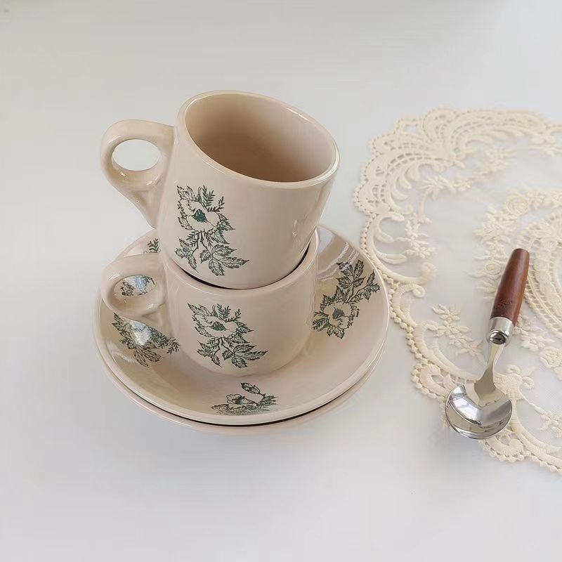 Ceramic Cup and Saucer Set 6 oz Beige - Green Tree Print, 7.5 cm