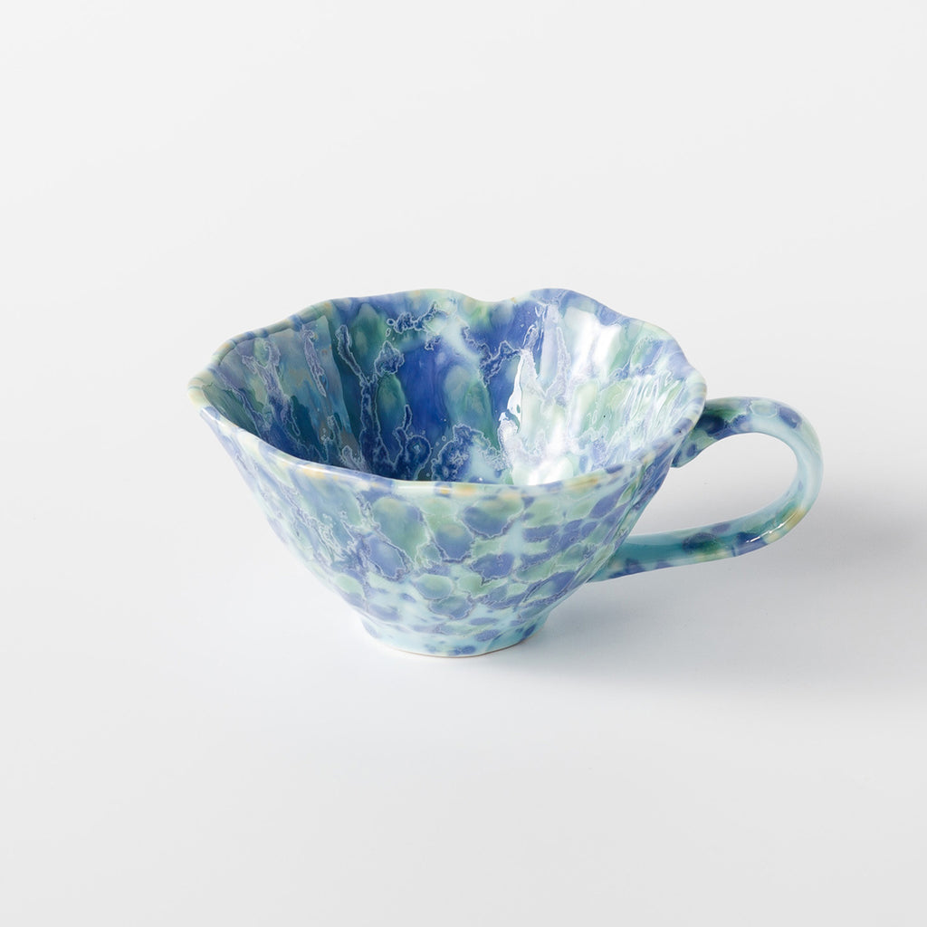 Ceramic Cup and Saucer Set 7.4 oz Blue - Scalloped Reactive Glaze, 11.6 cm
