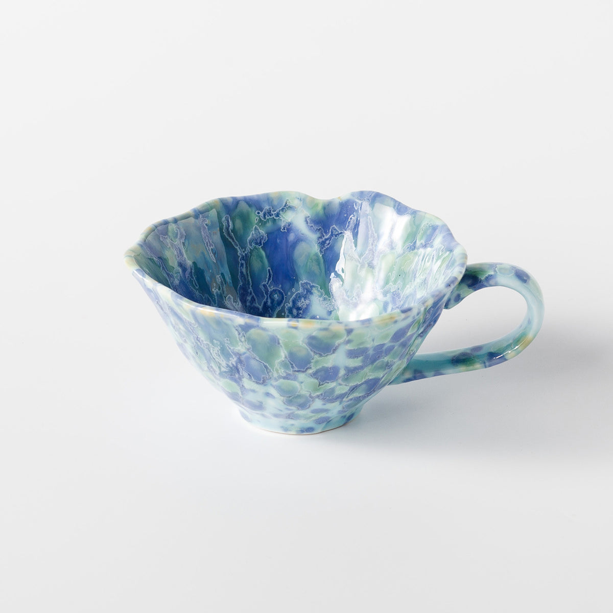 Ceramic Cup and Saucer Set 7.4 oz Blue - Scalloped Reactive Glaze, 11.6 cm