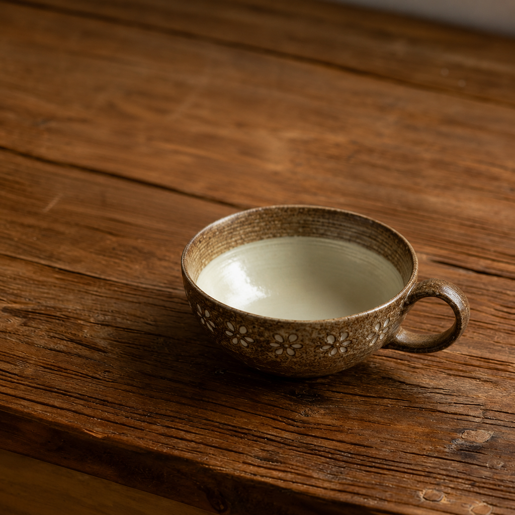 Ceramic Breakfast Cup 15 oz Brown Flower Pattern - 5.1 in Wide, Side Handle