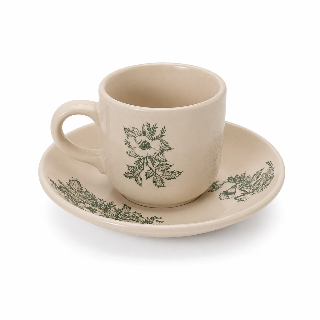 Ceramic Cup and Saucer Set 6 oz Beige - Green Tree Print, 7.5 cm
