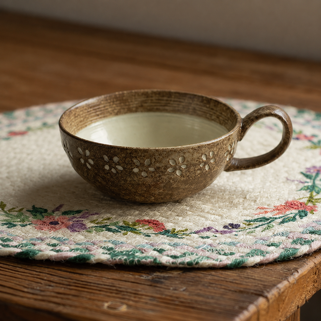 Ceramic Breakfast Cup 15 oz Brown Flower Pattern - 5.1 in Wide, Side Handle