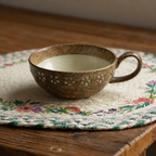 Ceramic Breakfast Cup 15 oz Brown Flower Pattern - 5.1 in Wide, Side Handle