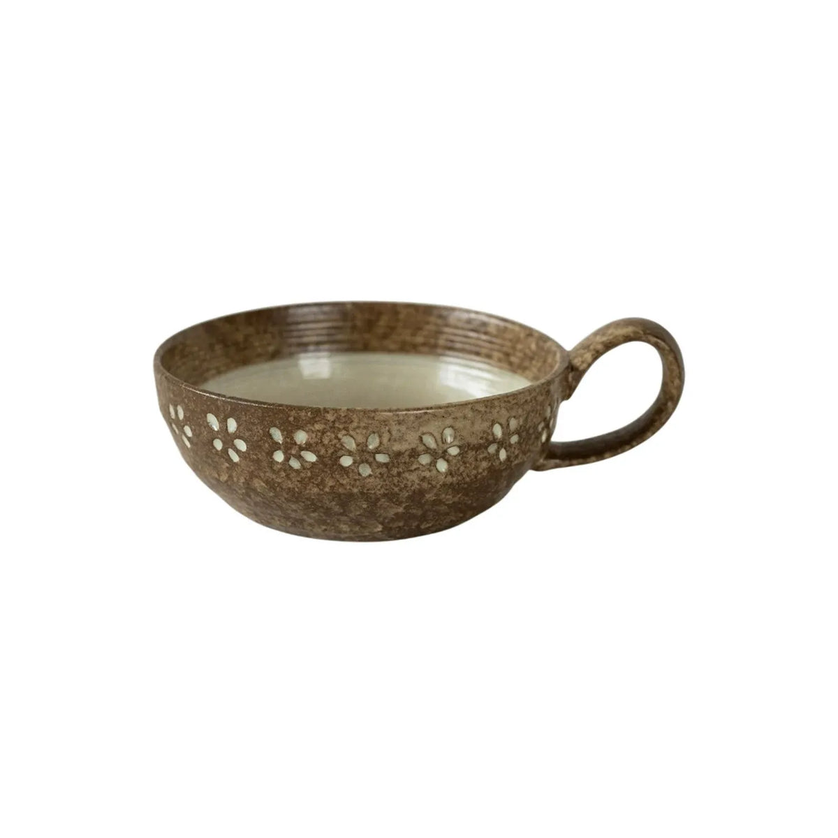 Ceramic Breakfast Cup 15 oz Brown Flower Pattern - 5.1 in Wide, Side Handle