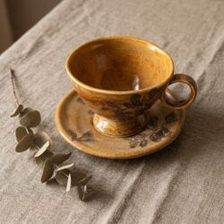 Ceramic Cup and Saucer Set 8.5 oz Amber - Footed Leaf Relief, 10 cm